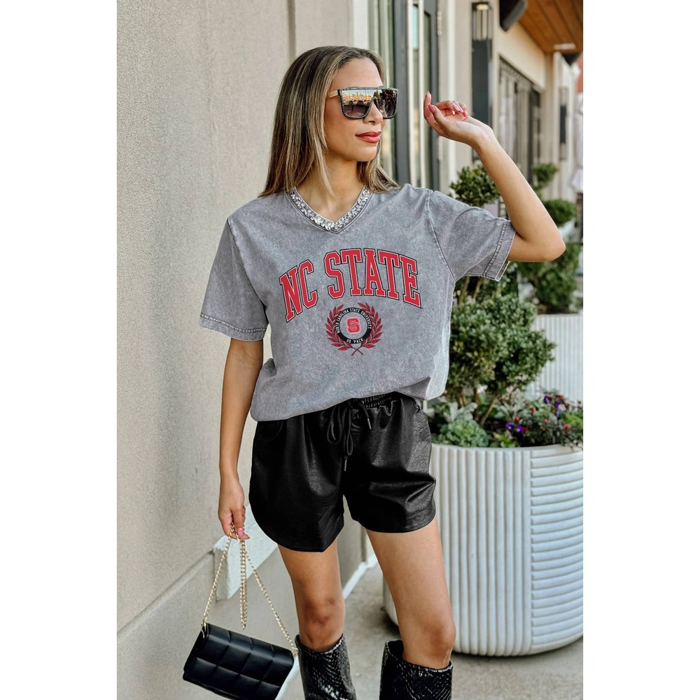 NC State Rhinestone Jeweled V-Neck Small Gray Collegiate Gameday Couture T-Shirt